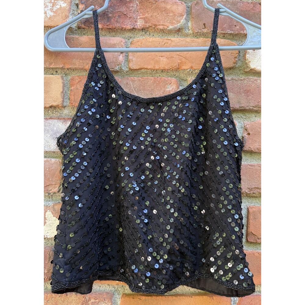 Silk Sequin Beaded Tank Top Medium Black Y2K Evening Top Women